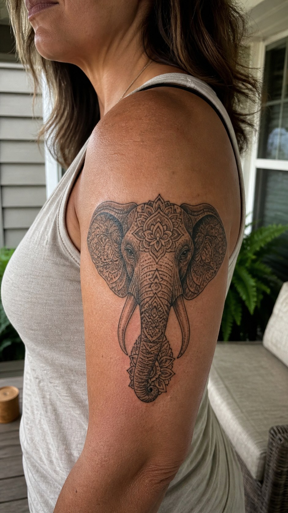 38 Creative Tattoo Ideas for Women 17 Healed mandala elephant tattoo on a adult woman's outer upper arm, photographed in a natural gentle side angle that clearly shows how — study 1