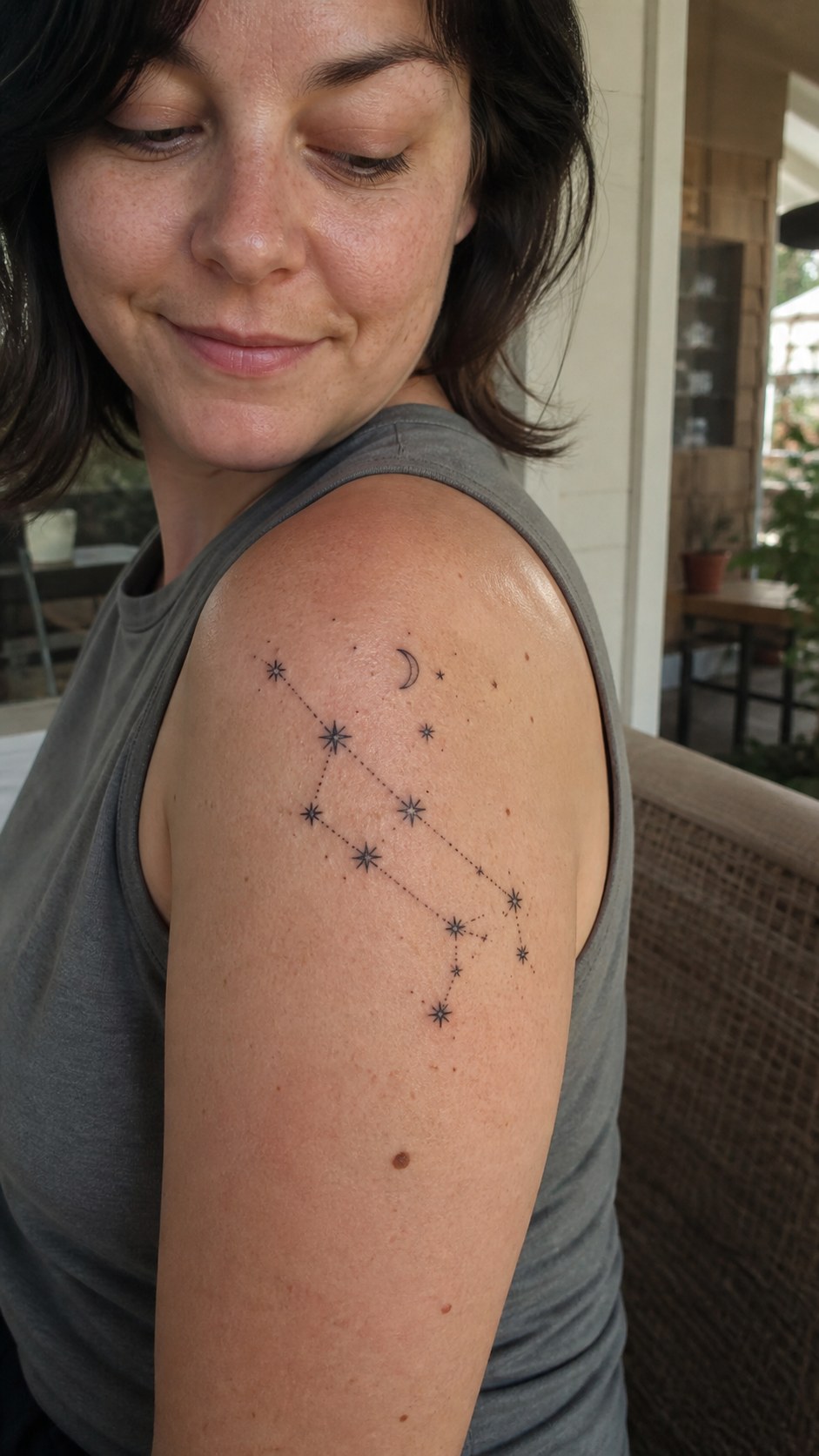 38 Creative Tattoo Ideas for Women 23 Healed zodiac constellation tattoo on a adult woman's shoulder, photographed in a natural gentle side angle that clearly shows how the — study 1