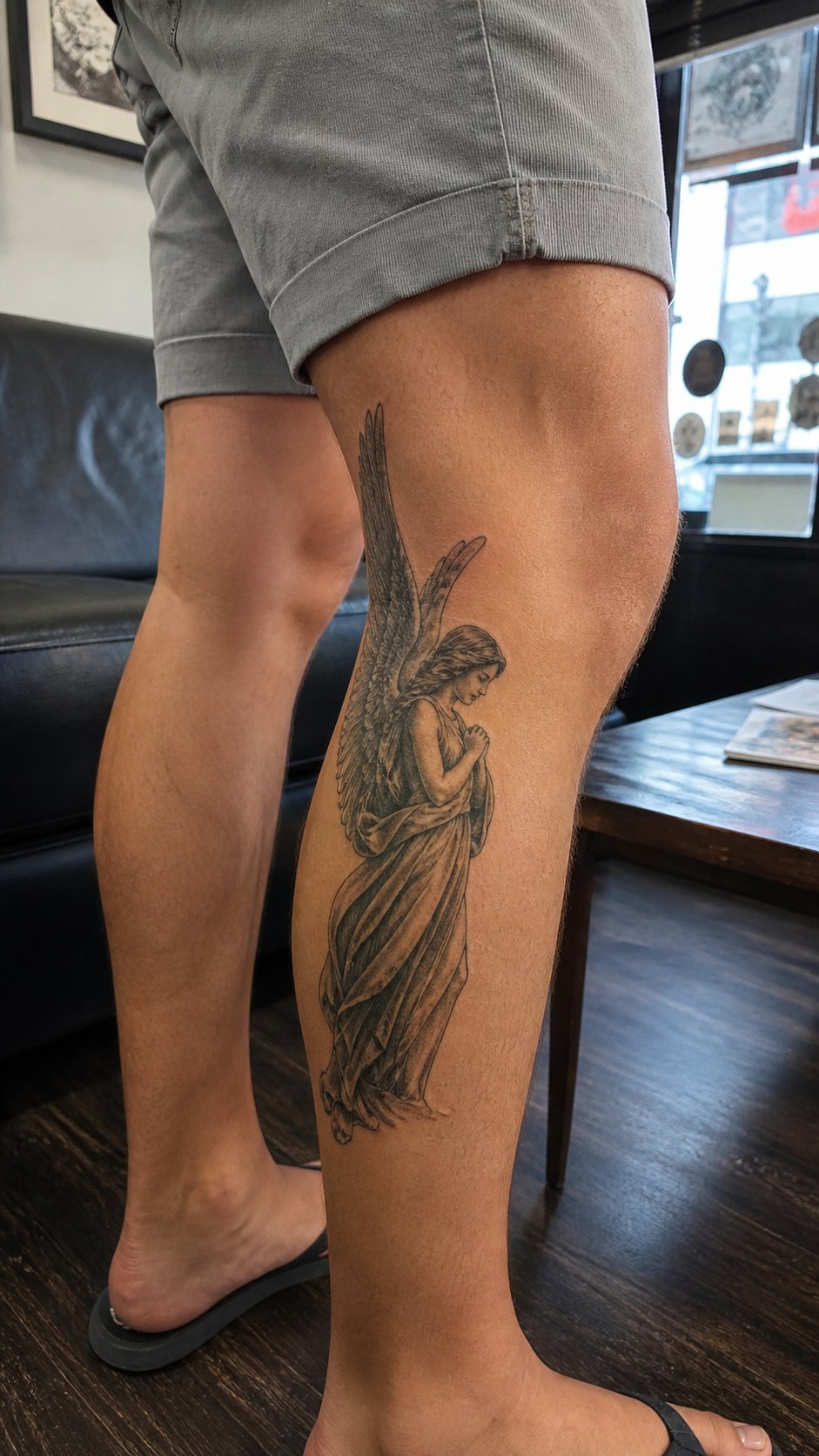 38 Creative Tattoo Ideas for Women 26 Healed winged angel tattoo on a adult woman's outer calf, photographed in a natural gentle side angle that clearly shows how the ink — study 1
