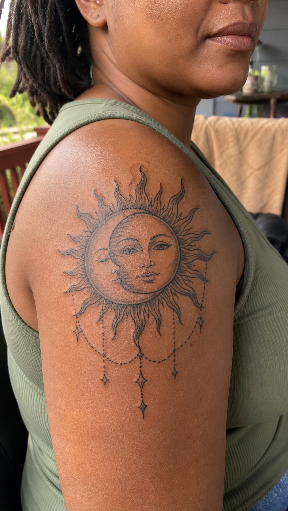 38 Creative Tattoo Ideas for Women 38 Healed sun and moon tattoo on a adult woman's shoulder, photographed in a natural gentle side angle that clearly shows how the ink — study 2