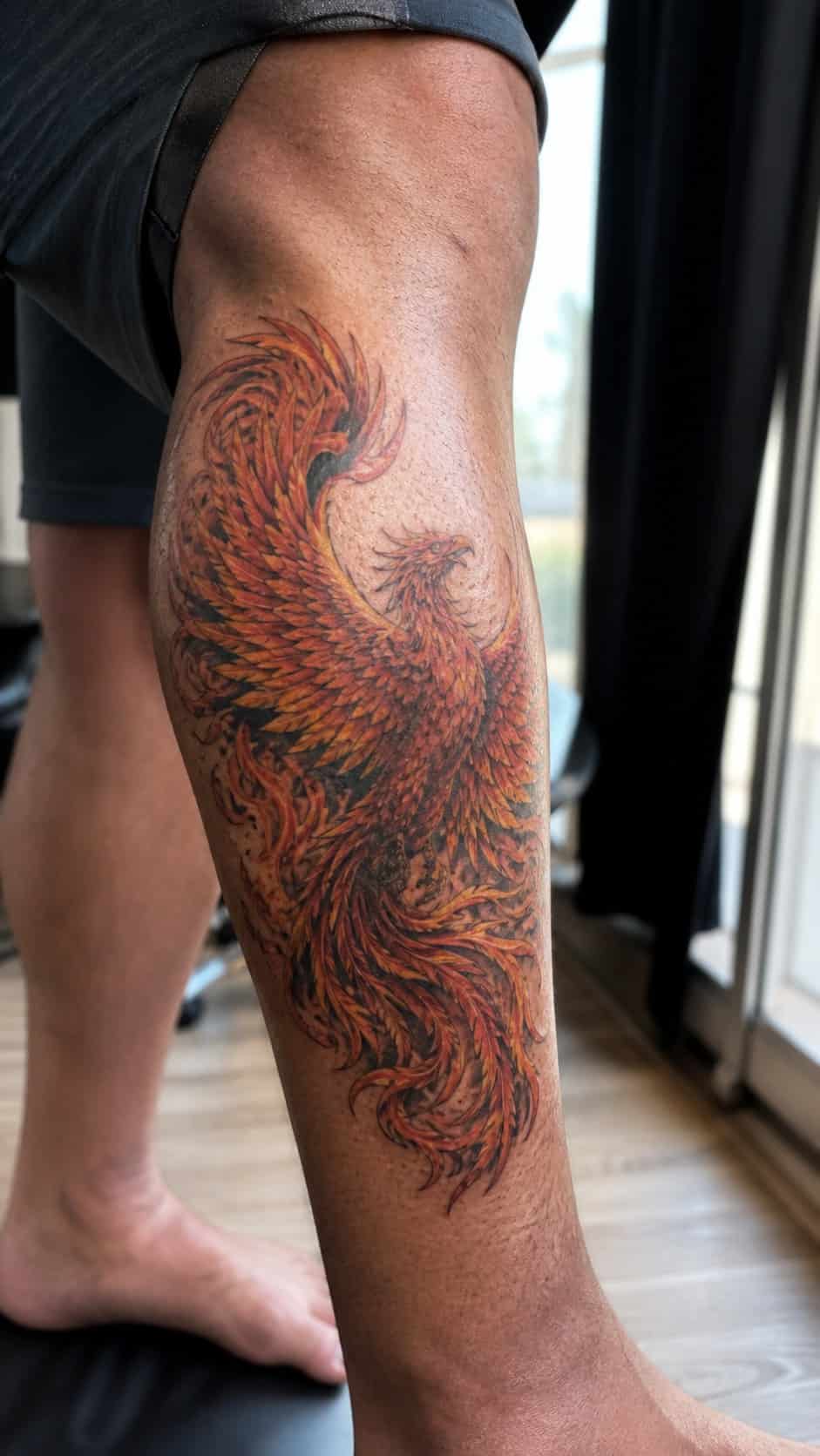 From Samurai to Dragons: 19 Stunning Japanese Tattoo Ideas for Men 15 Healed phoenix tattoo on a adult man's outer calf, photographed in a natural straight-on close view, a touch off-center like a quick — study 2