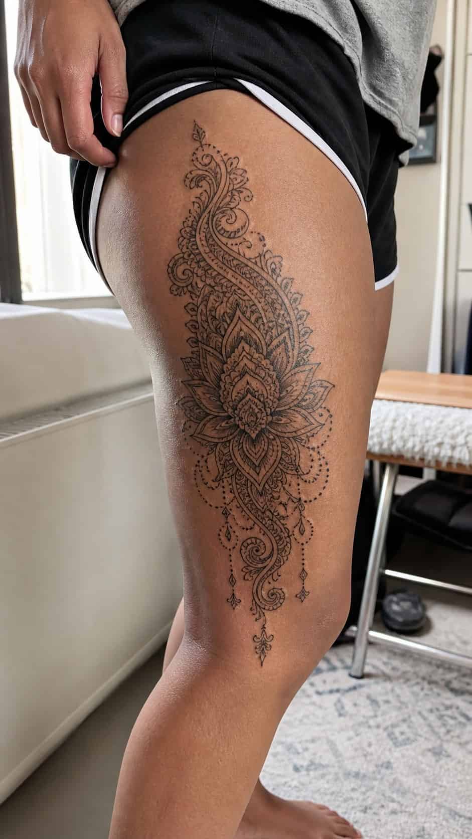 Healed elegant henna design tattoo on a adult woman's outer thigh, photographed in a natural casual close three-quarter view — study 1