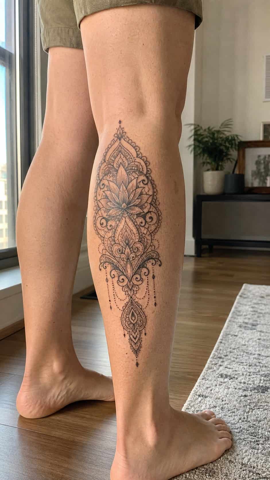 Healed elegant henna design tattoo on a adult woman's outer calf, photographed in a natural straight-on close view, a touch off-center — study 2