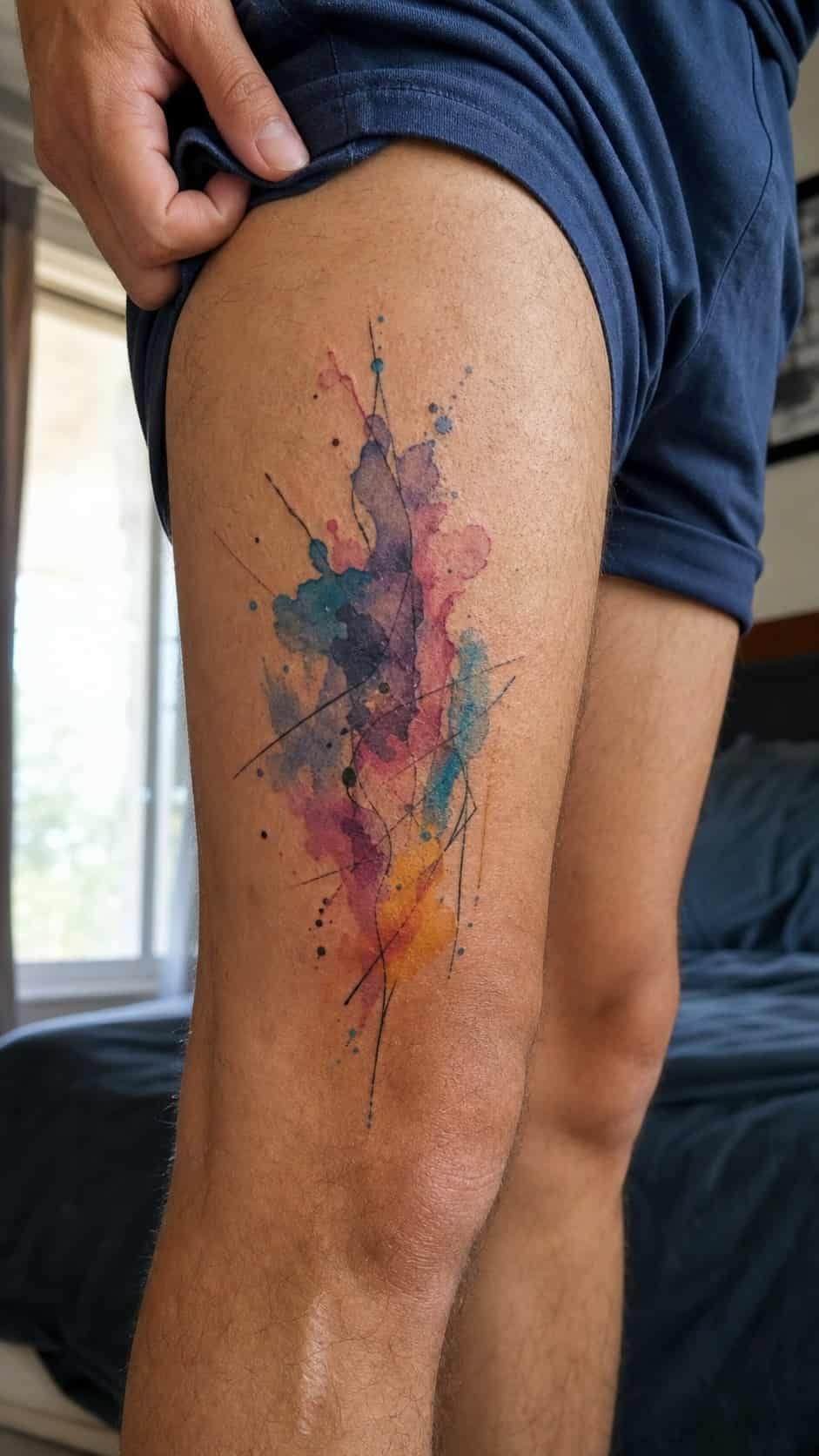 Feeling Bold? Try These 25 Killer Thigh Tattoo Ideas for Men 19 Healed abstract watercolor splash tattoo on a adult man's outer thigh, photographed in a natural straight-on close view, a touch — study 1