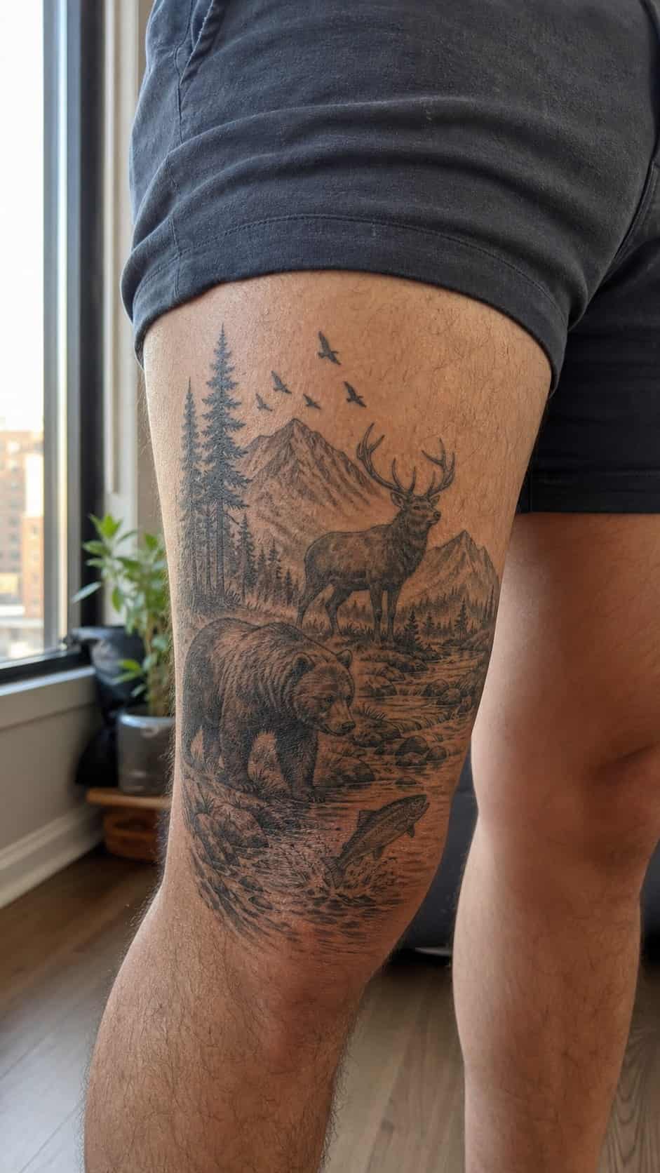 Feeling Bold? Try These 25 Killer Thigh Tattoo Ideas for Men 28 Healed wildlife scene tattoo on a adult man's outer thigh, photographed in a natural straight-on close view, a touch off-center like a — study 2