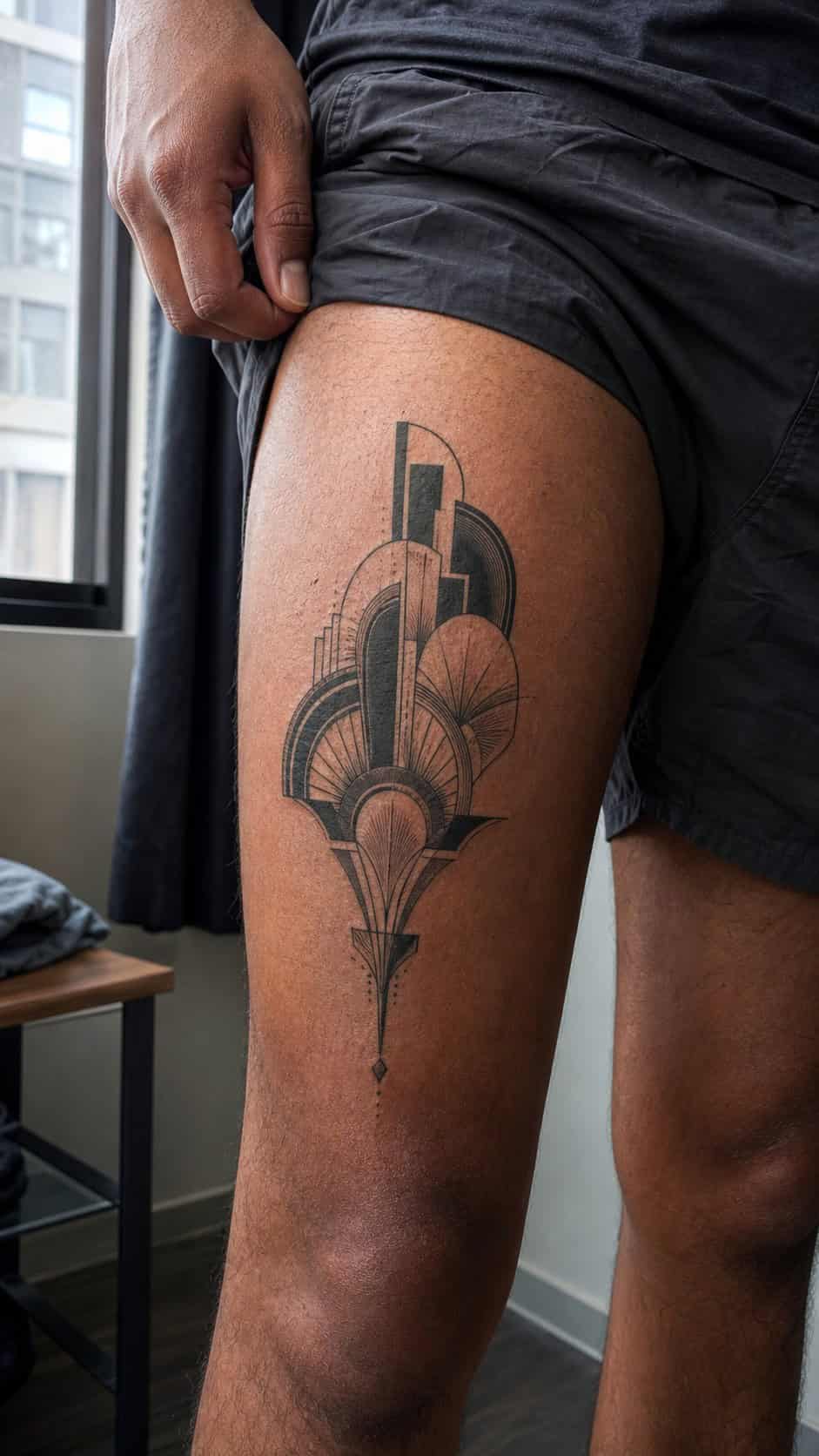 Feeling Bold? Try These 25 Killer Thigh Tattoo Ideas for Men 31 Healed modern art deco tattoo on a adult man's outer thigh, photographed in a natural waist-height candid close-up — study 1