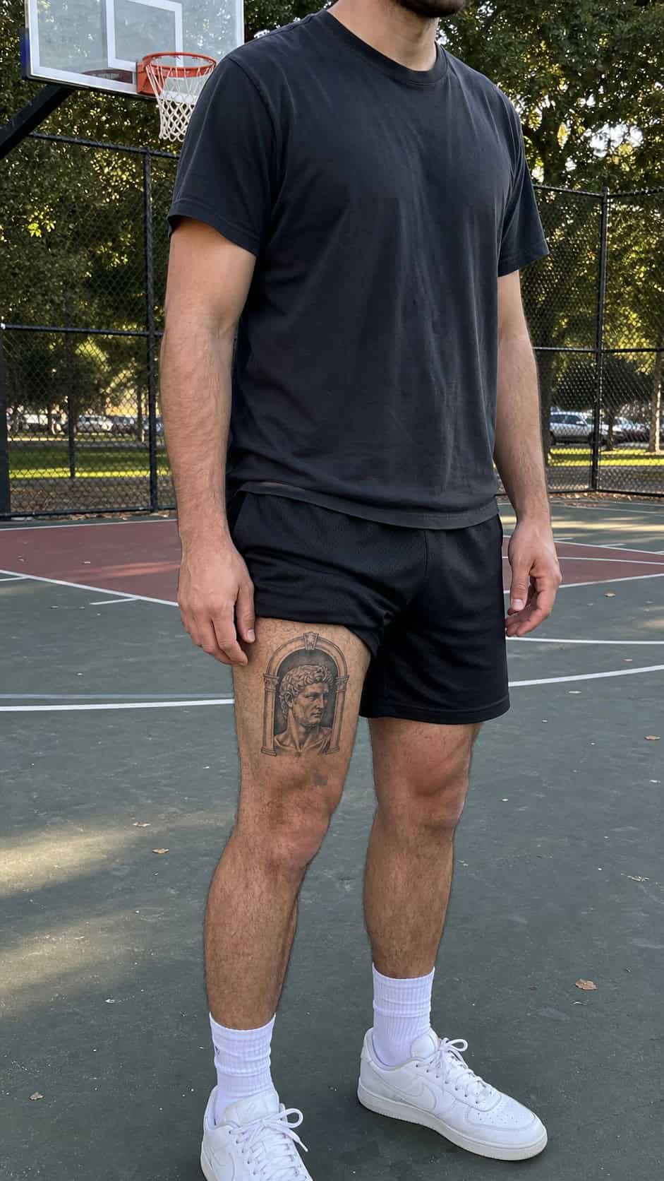 Feeling Bold? Try These 25 Killer Thigh Tattoo Ideas for Men 40 Healed renaissance masterpiece tattoo on a adult man's outer thigh, photographed in a natural gentle side angle that clearly shows how — study 2