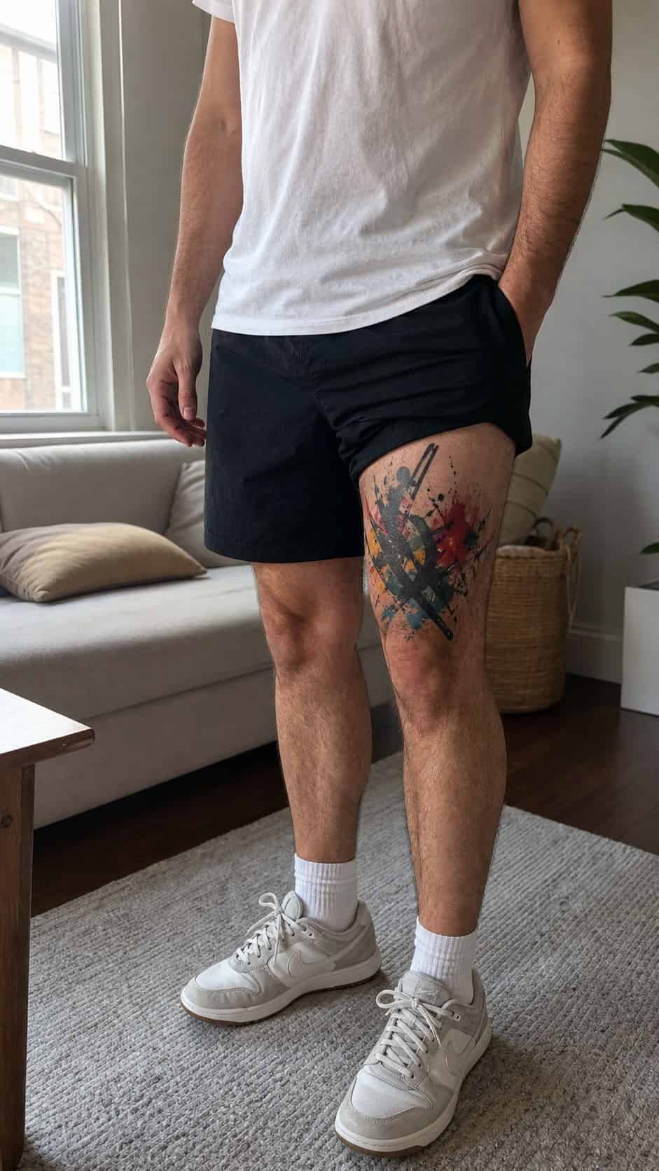 Feeling Bold? Try These 25 Killer Thigh Tattoo Ideas for Men 51 Healed artistic graffiti tattoo on a adult man's outer thigh, photographed in a natural straight-on close view, a touch off-center — study 1