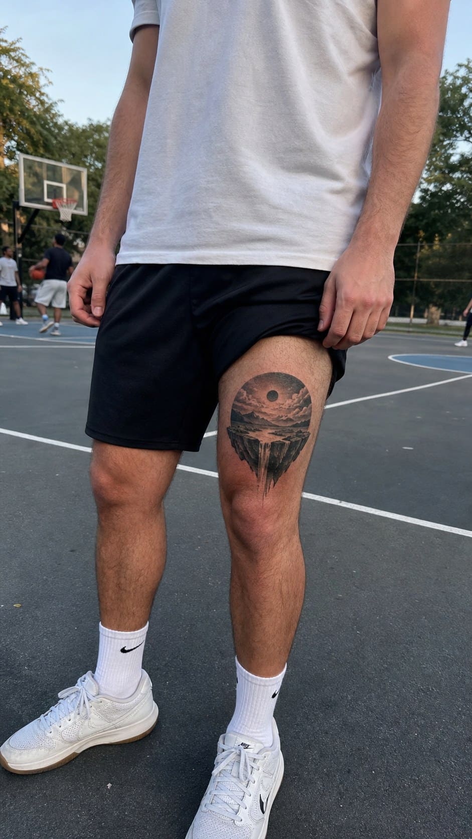 Feeling Bold? Try These 25 Killer Thigh Tattoo Ideas for Men 53 Healed surreal landscape tattoo on a adult man's outer thigh, photographed in a natural slightly elevated close view — study 1