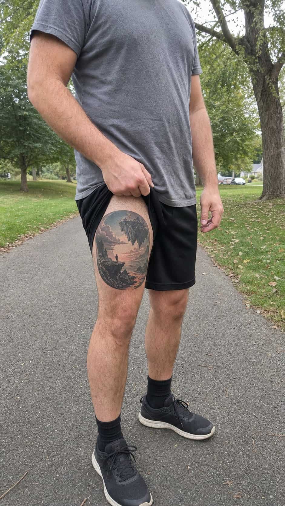 Feeling Bold? Try These 25 Killer Thigh Tattoo Ideas for Men 54 Healed surreal landscape tattoo on a adult man's outer thigh, photographed in a natural waist-height candid close-up — study 2