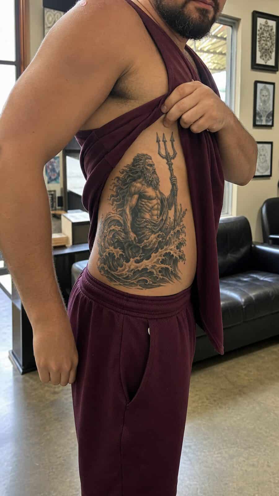 25 Rib Tattoos for Men Worth Considering 10 Healed greek god poseidon tattoo on a adult man's side ribs, photographed in a natural casual close three-quarter view — study 3