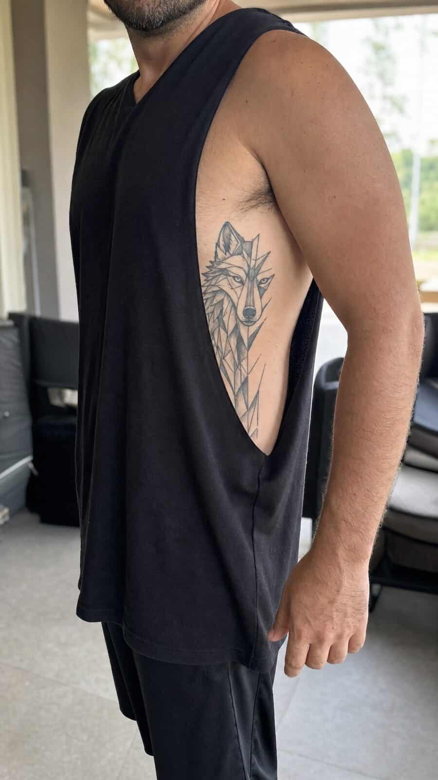 25 Rib Tattoos for Men Worth Considering 11 Healed geometric wolf tattoo on a adult man's side ribs, photographed in a natural waist-height candid close-up — study 1