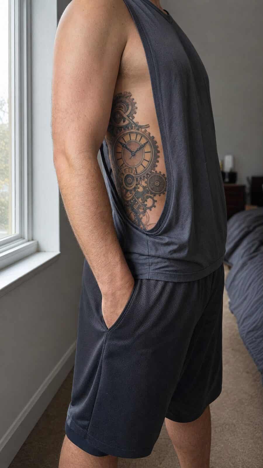 25 Rib Tattoos for Men Worth Considering 32 Healed mechanical clock tattoo on a adult man's side ribs, photographed in a natural relaxed documentary crop — study 1