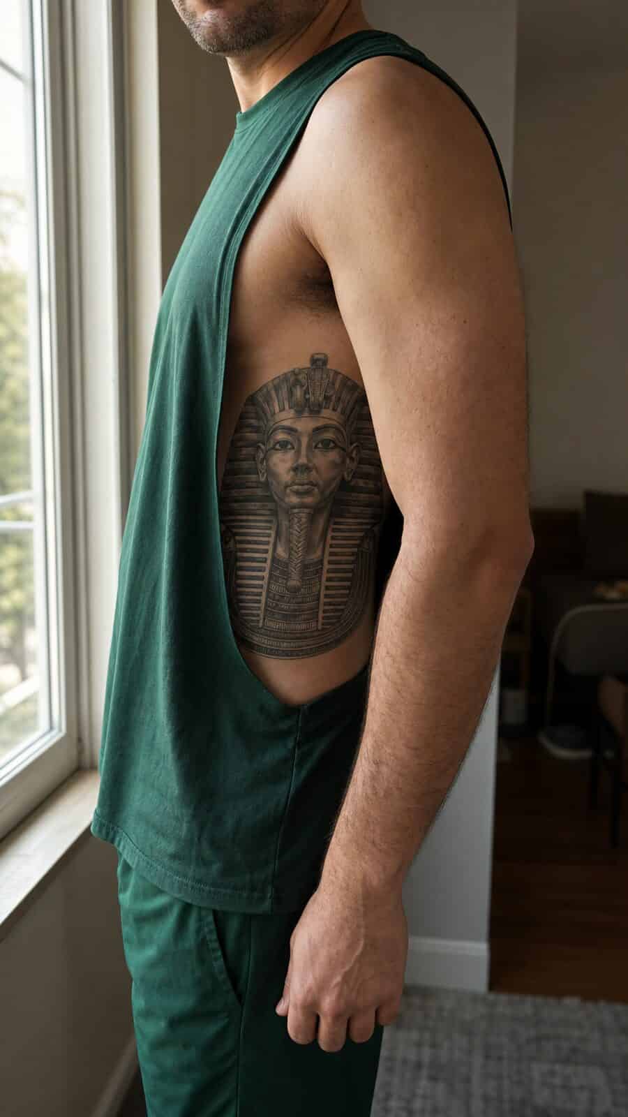 25 Rib Tattoos for Men Worth Considering 34 Healed egyptian pharaoh tattoo on a adult man's side ribs, photographed in a natural gentle side angle that clearly shows how the ink — study 1