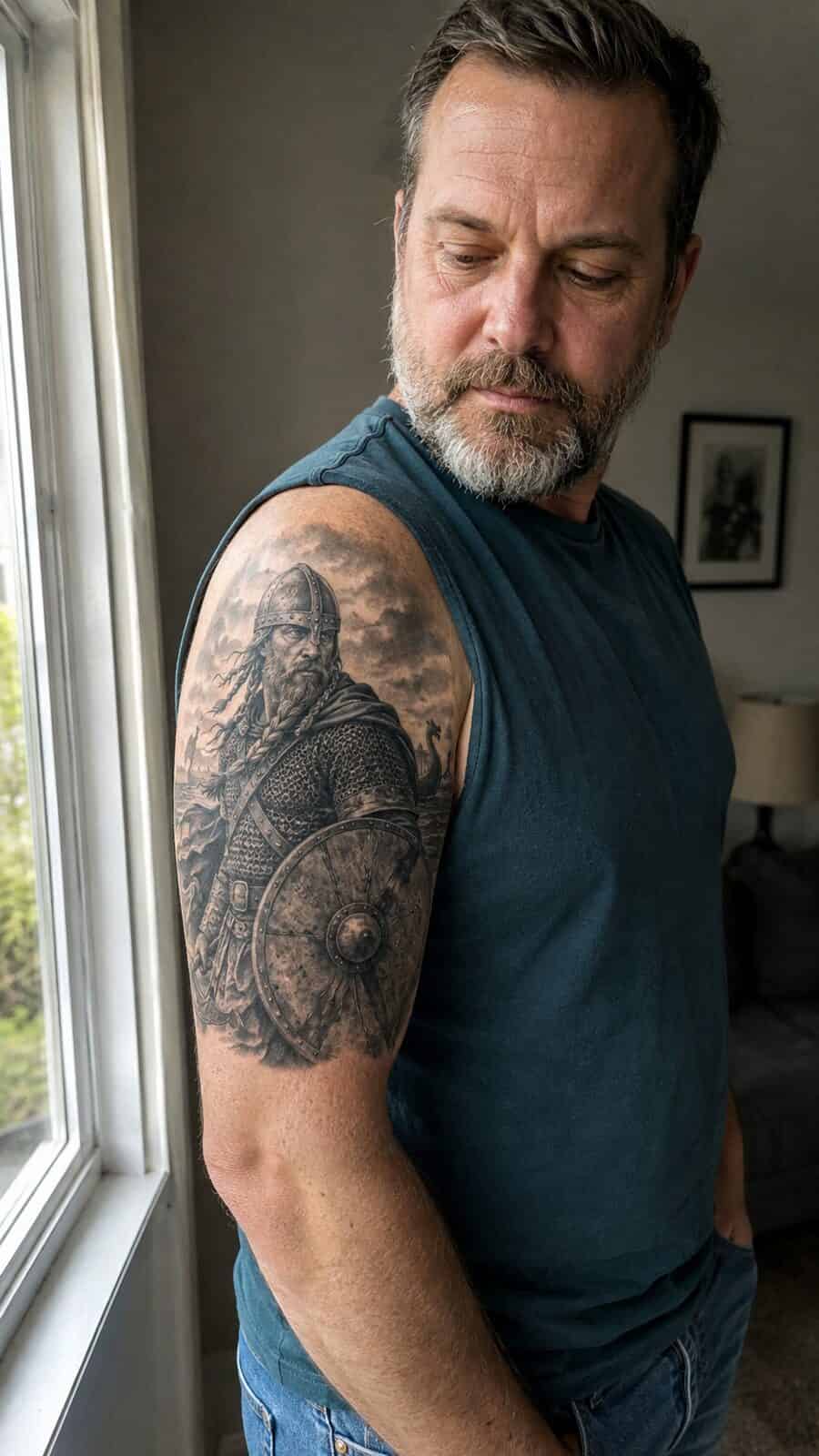 Unlock Your Next Ink: 25 Epic Upper Arm Tattoo Ideas for Men 48 Healed viking warrior tattoo on a adult man's outer upper arm, photographed in a natural gentle side angle that clearly shows how the — study 3