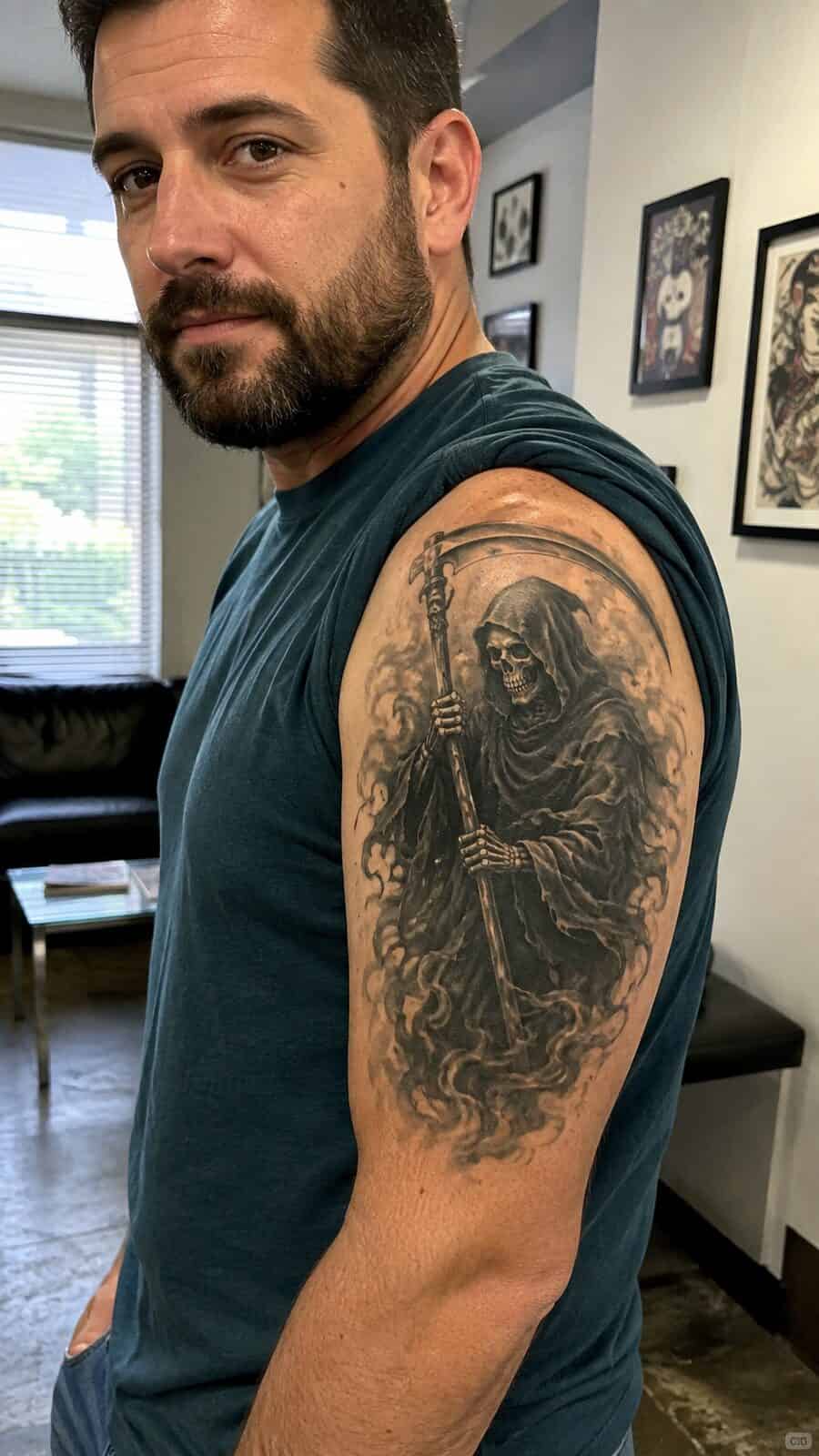 Unlock Your Next Ink: 25 Epic Upper Arm Tattoo Ideas for Men 54 Healed grim reaper with scythe tattoo on a adult man's outer upper arm, photographed in a natural straight-on close view, a touch — study 1