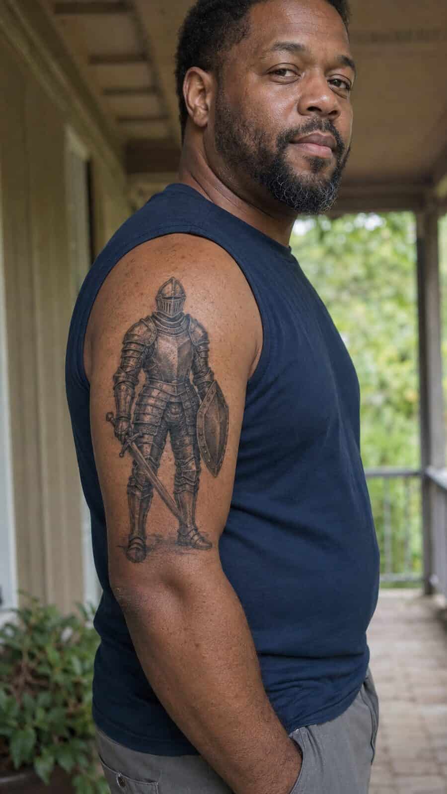 Unlock Your Next Ink: 25 Epic Upper Arm Tattoo Ideas for Men 57 Healed knight in armor tattoo on a adult man's outer upper arm, photographed in a natural waist-height candid close-up — study 1