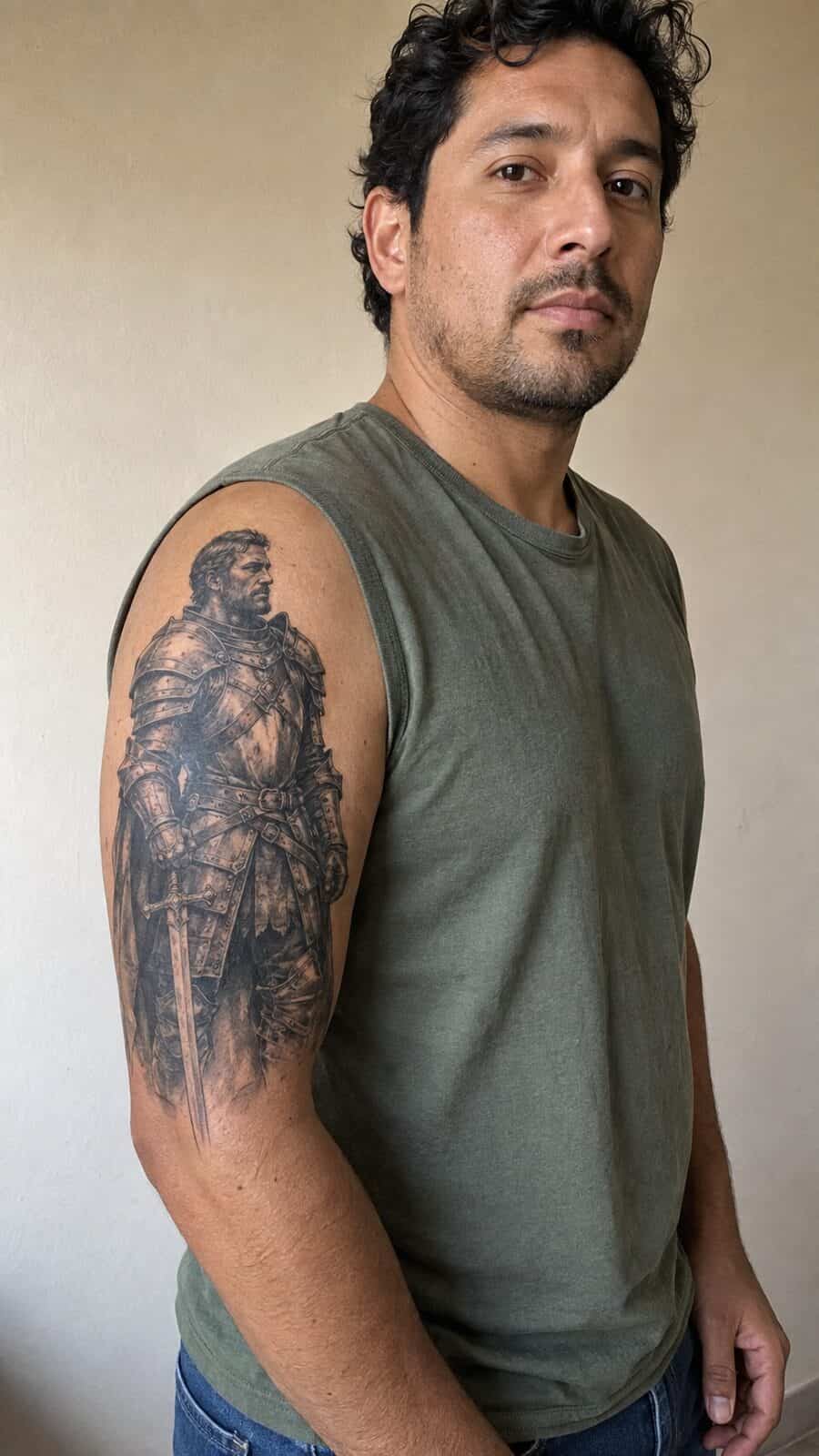 Unlock Your Next Ink: 25 Epic Upper Arm Tattoo Ideas for Men 58 Healed knight in armor tattoo on a adult man's outer upper arm, photographed in a natural relaxed documentary crop — study 2