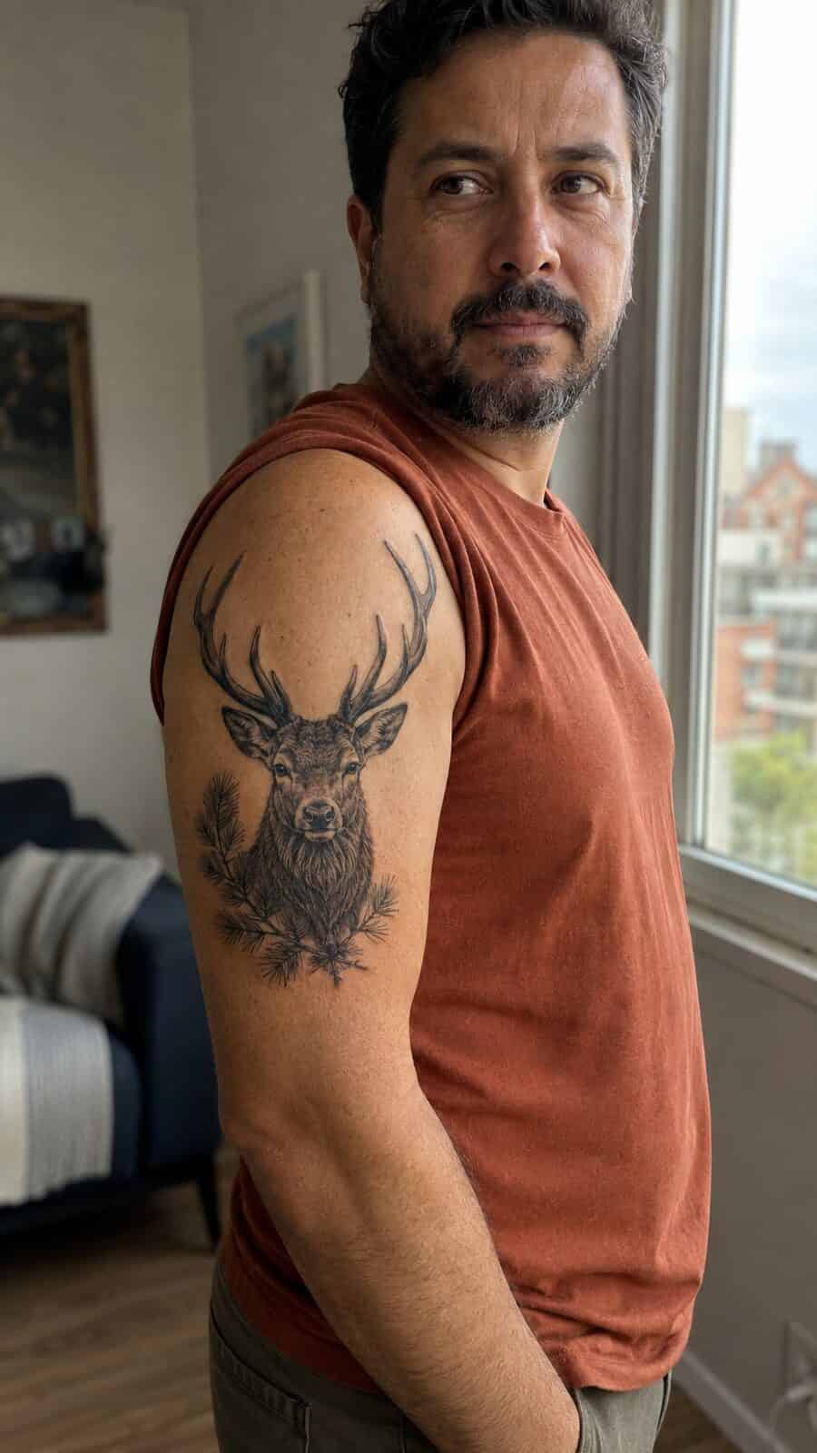 Unlock Your Next Ink: 25 Epic Upper Arm Tattoo Ideas for Men 59 Healed majestic stag tattoo on a adult man's outer upper arm, photographed in a natural waist-height candid close-up — study 1