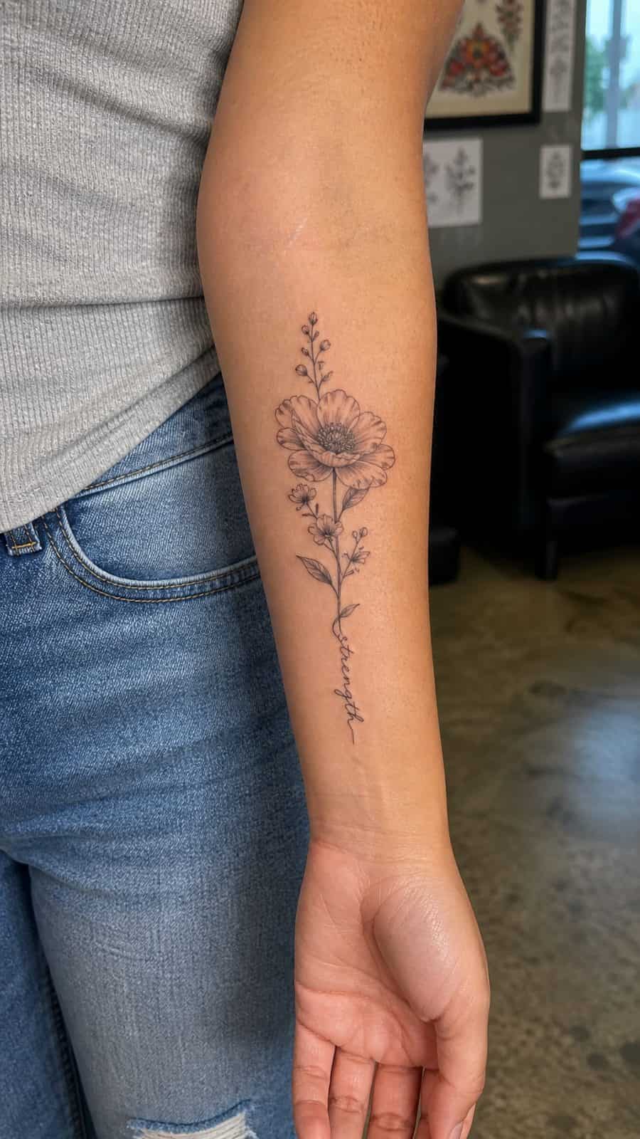 35 Forearm Tattoos for Women Worth Considering 2 Healed blossom of strength tattoo on a adult woman's inner forearm, photographed in a natural waist-height candid close-up — study 1
