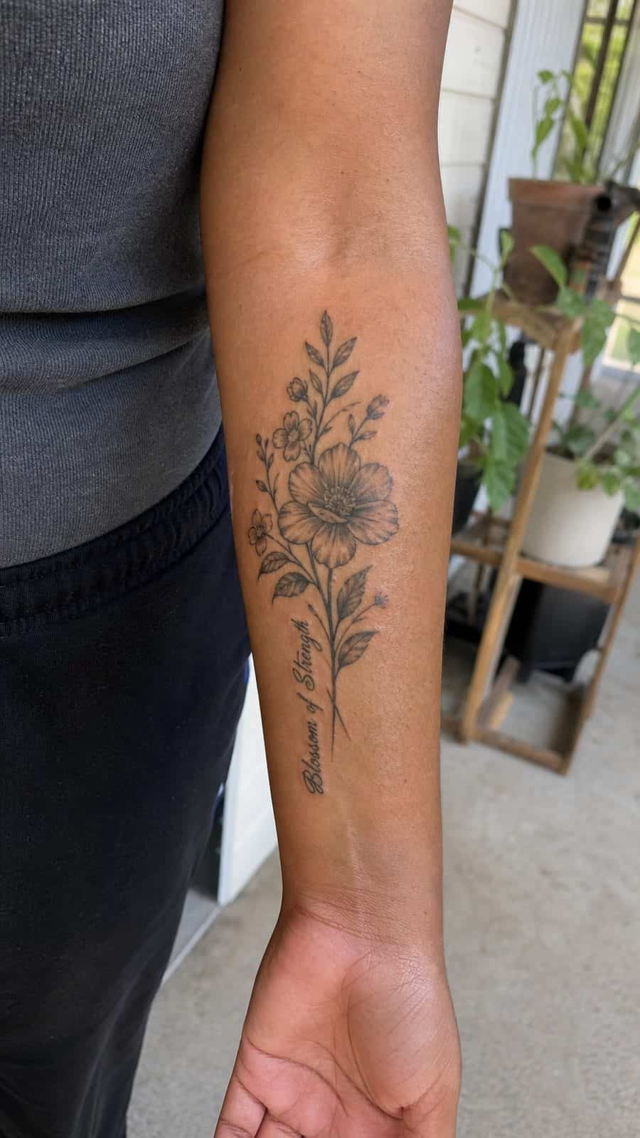35 Forearm Tattoos for Women Worth Considering 4 Healed blossom of strength tattoo on a adult woman's inner forearm, photographed in a natural casual close three-quarter view — study 3