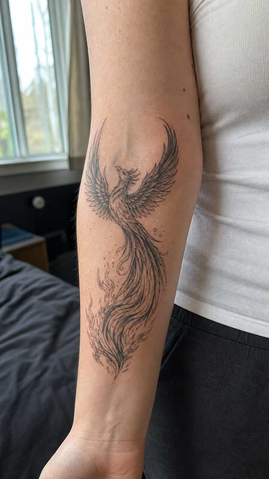35 Forearm Tattoos for Women Worth Considering 6 Healed rising phoenix tattoo on a adult woman's inner forearm, photographed in a natural slightly elevated close view — study 2