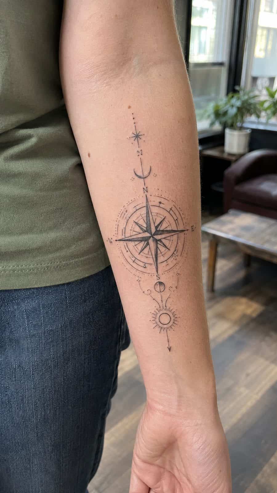 35 Forearm Tattoos for Women Worth Considering 8 Healed celestial compass tattoo on a adult woman's inner forearm, photographed in a natural slightly elevated close view — study 1
