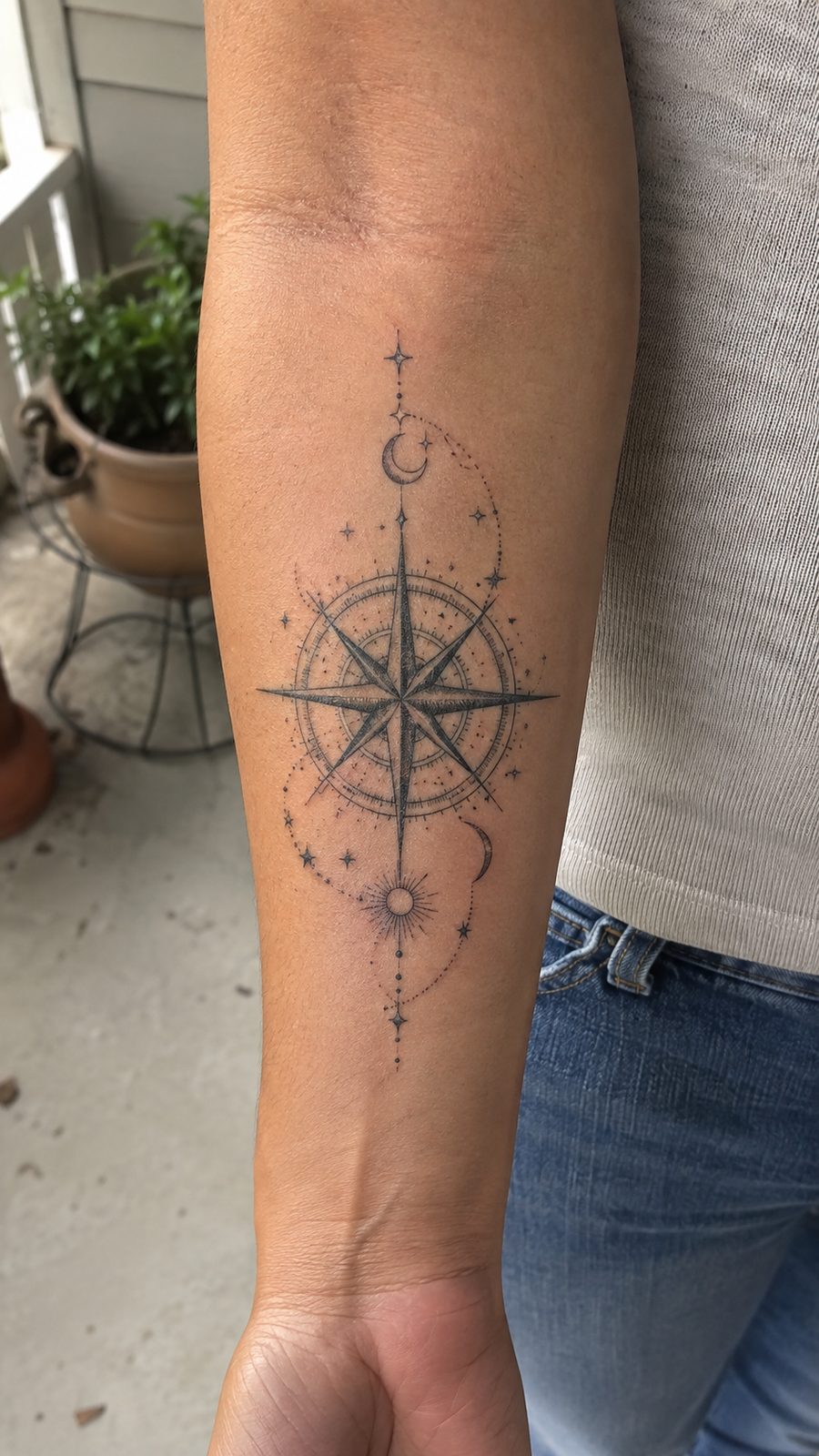 35 Forearm Tattoos for Women Worth Considering 10 Healed celestial compass tattoo on a adult woman's inner forearm, photographed in a natural relaxed documentary crop — study 3
