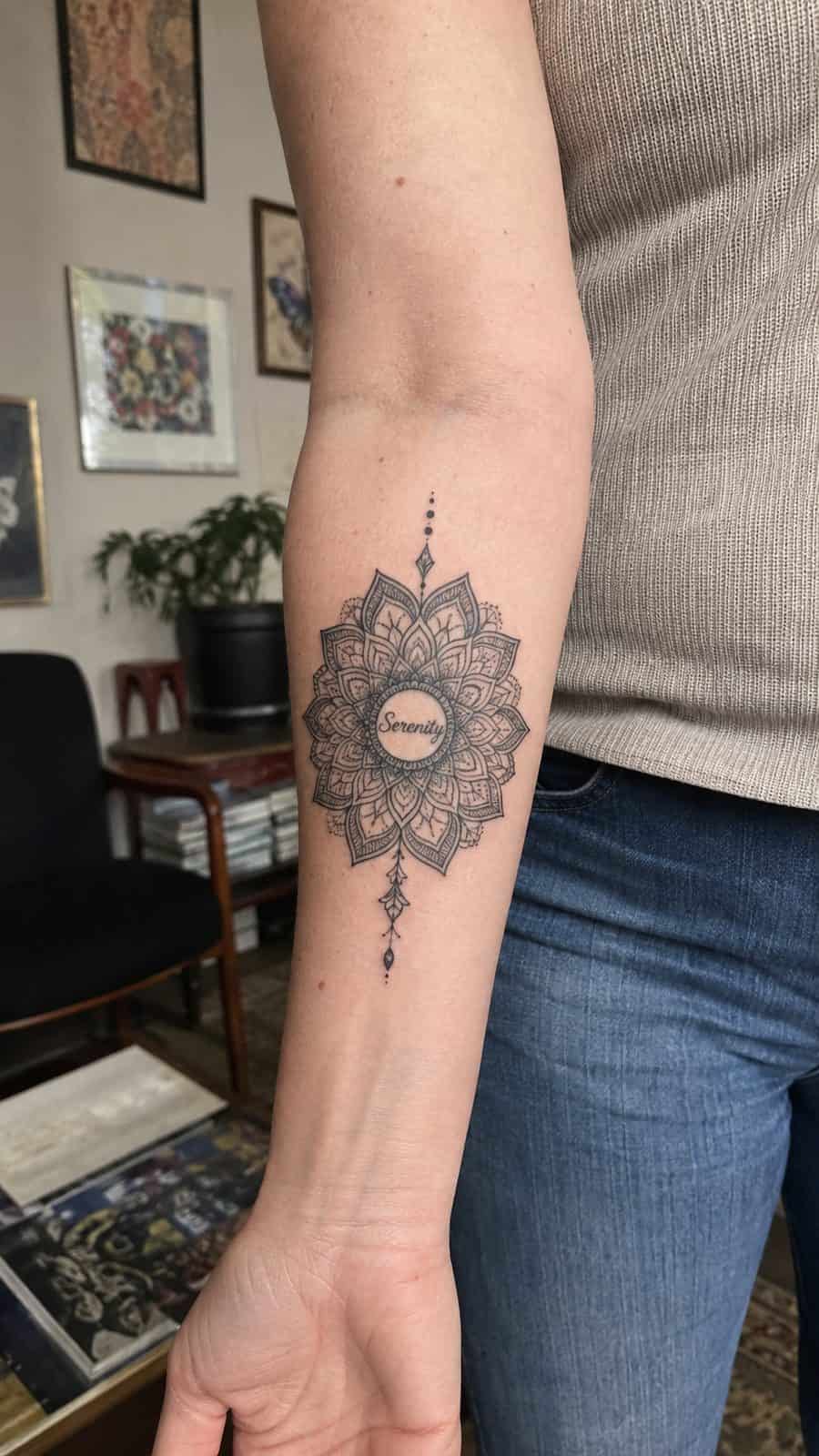 35 Forearm Tattoos for Women Worth Considering 15 Healed serenity mandala tattoo on a adult woman's inner forearm, photographed in a natural waist-height candid close-up — study 3