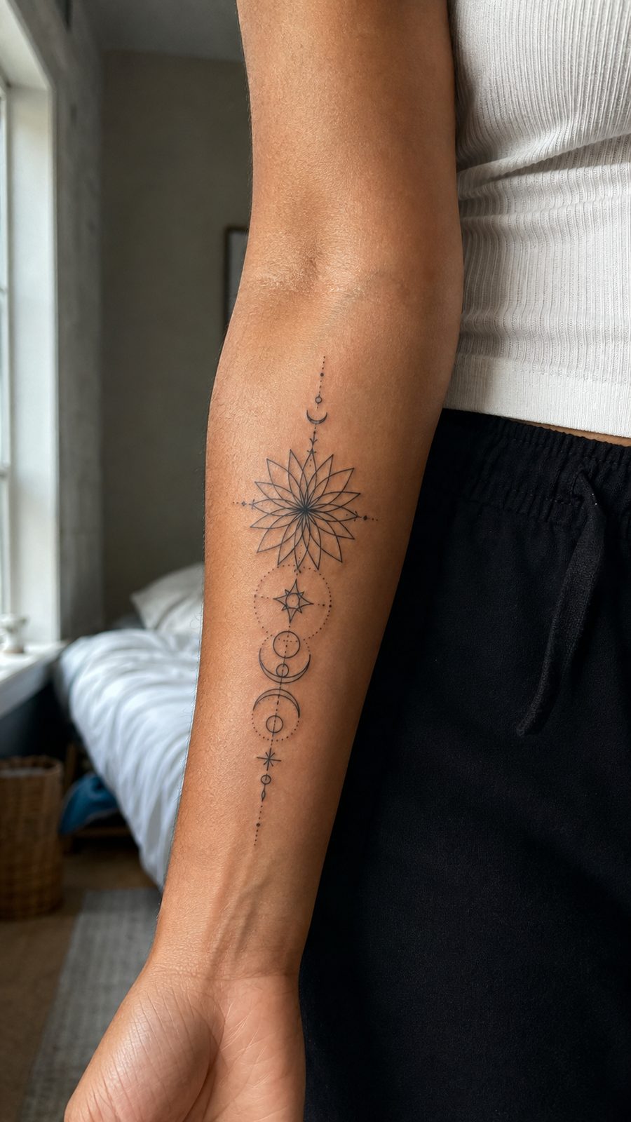 35 Forearm Tattoos for Women Worth Considering 24 Healed geometric harmony tattoo on a adult woman's inner forearm, photographed in a natural waist-height candid close-up — study 1