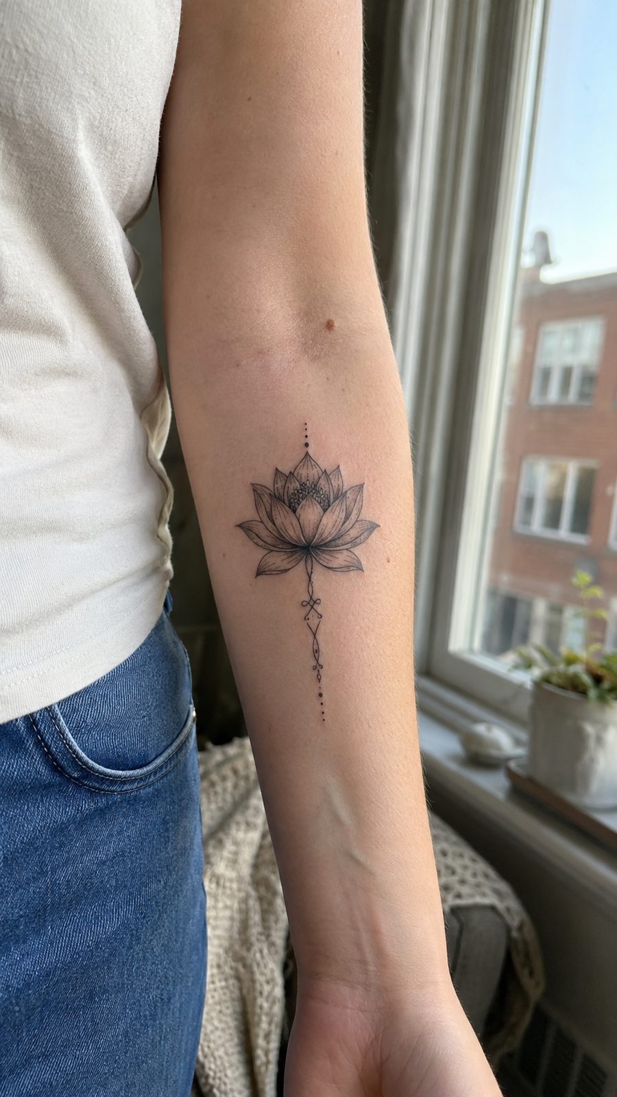 35 Forearm Tattoos for Women Worth Considering 33 Healed lotus blossom tattoo on a adult woman's inner forearm, photographed in a natural waist-height candid close-up — study 3