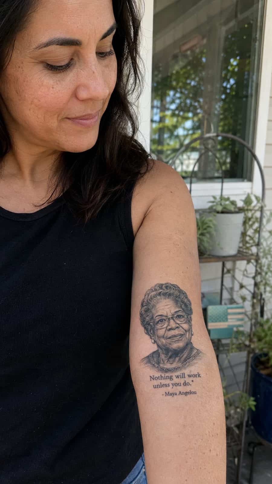 35 Forearm Tattoos for Women Worth Considering 34 Healed inspirational portrait tattoo on a adult woman's inner forearm, photographed in a natural casual close three-quarter view — study 1