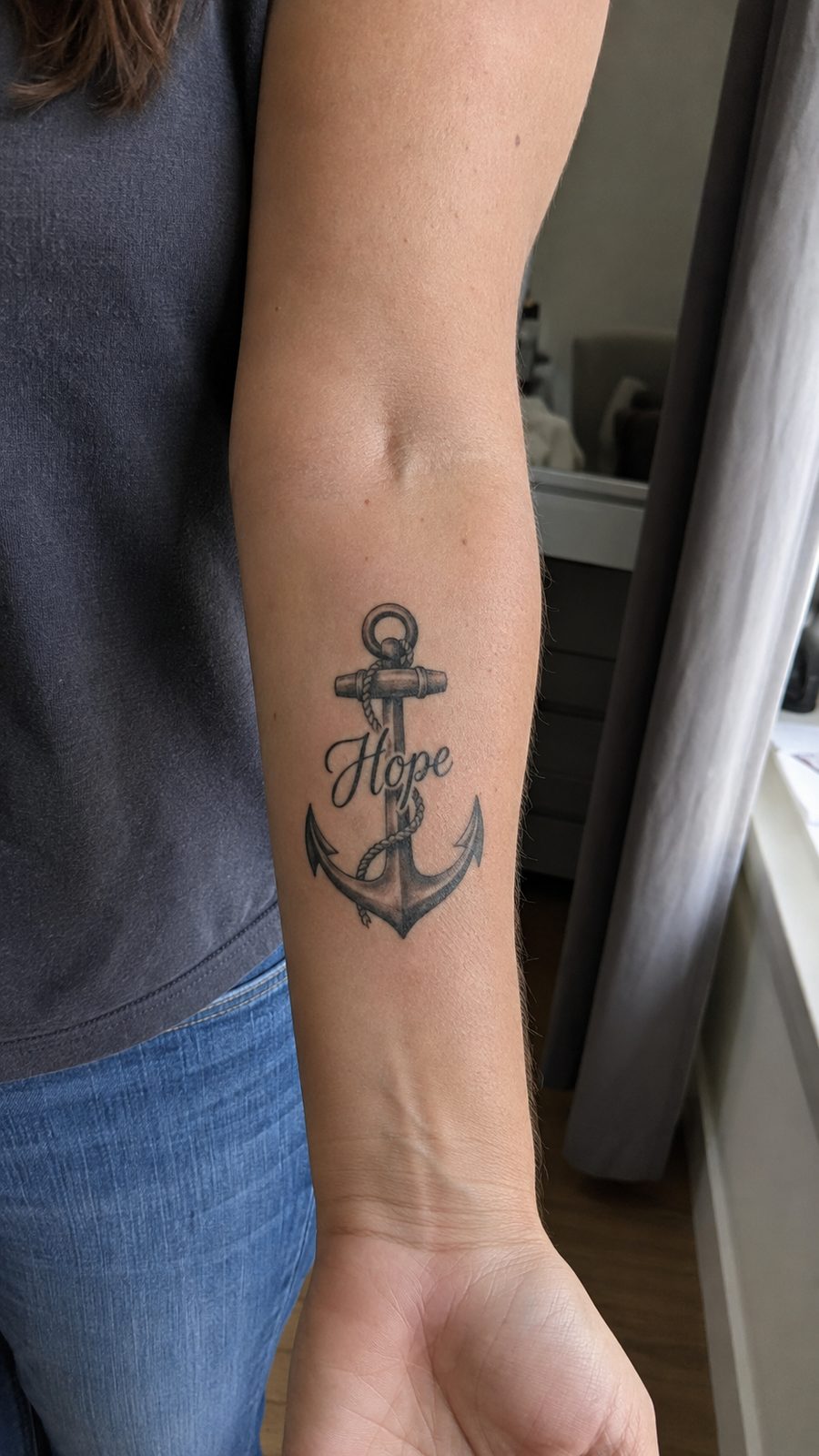 35 Forearm Tattoos for Women Worth Considering 37 Healed anchor of hope tattoo on a adult woman's inner forearm, photographed in a natural straight-on close view, a touch off-center — study 2