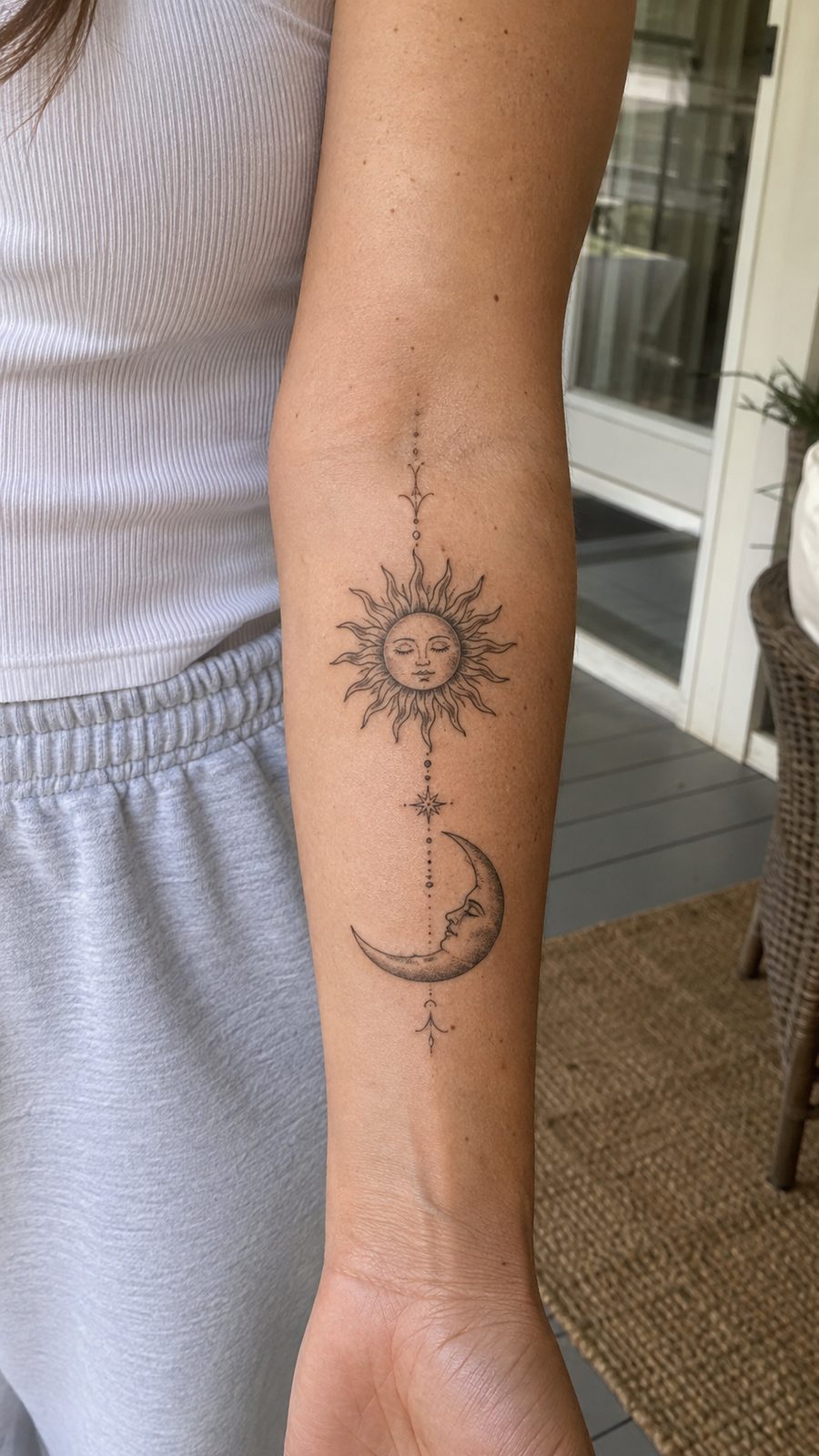 35 Forearm Tattoos for Women Worth Considering 43 Healed sun and moon balance tattoo on a adult woman's inner forearm, photographed in a natural slightly elevated close view — study 3