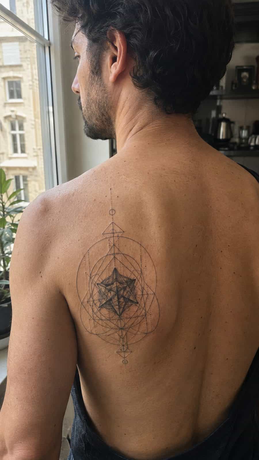 48 Tattoo Ideas for Men Worth Considering for Your Next Ink 2 Healed meticulously geometric tattoo on a adult man's upper back, photographed in a natural gentle side angle that clearly shows how — study 1