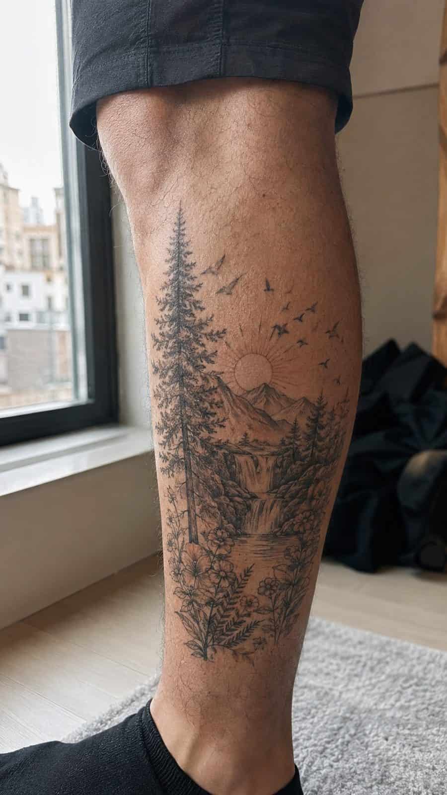 48 Tattoo Ideas for Men Worth Considering for Your Next Ink 4 Healed nature's symphony tattoo on a adult man's outer calf, photographed in a natural gentle side angle that clearly shows how the — study 1