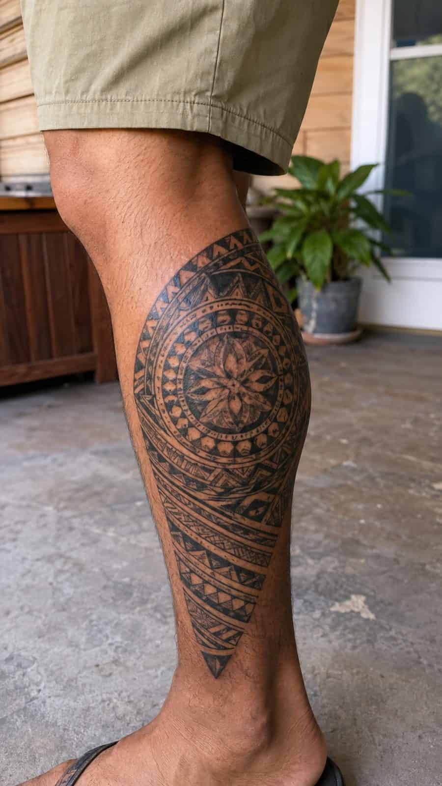 48 Tattoo Ideas for Men Worth Considering for Your Next Ink 15 Healed cultural tapestry tattoo on a adult man's outer calf, photographed in a natural waist-height candid close-up — study 1