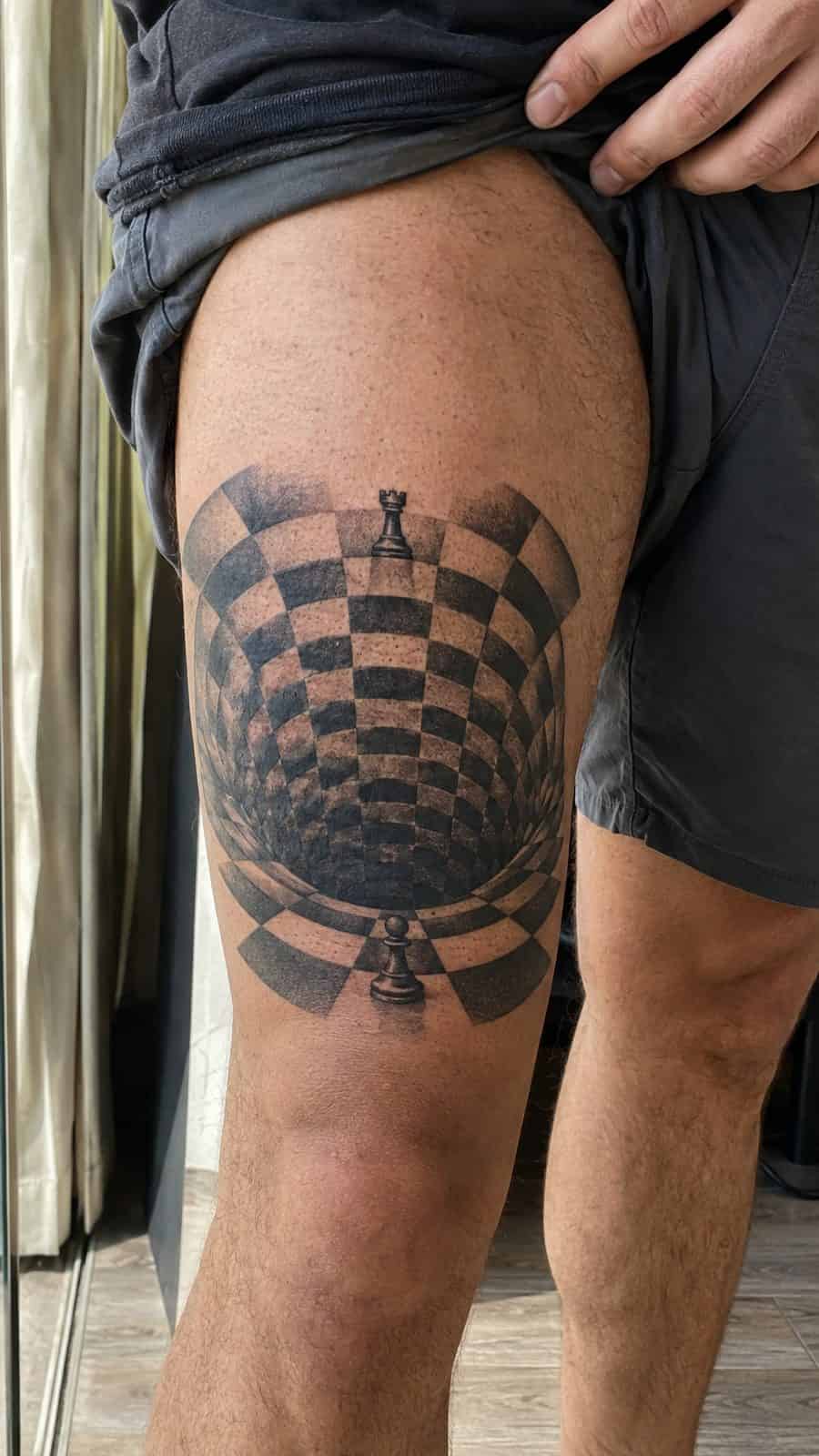 48 Tattoo Ideas for Men Worth Considering for Your Next Ink 25 Healed illusion mastery tattoo on a adult man's outer thigh, photographed in a natural straight-on close view, a touch off-center like — study 1