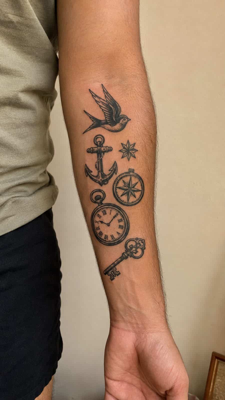 Healed vintage charms tattoo on a adult man's inner forearm, photographed in a natural relaxed documentary crop — study 2