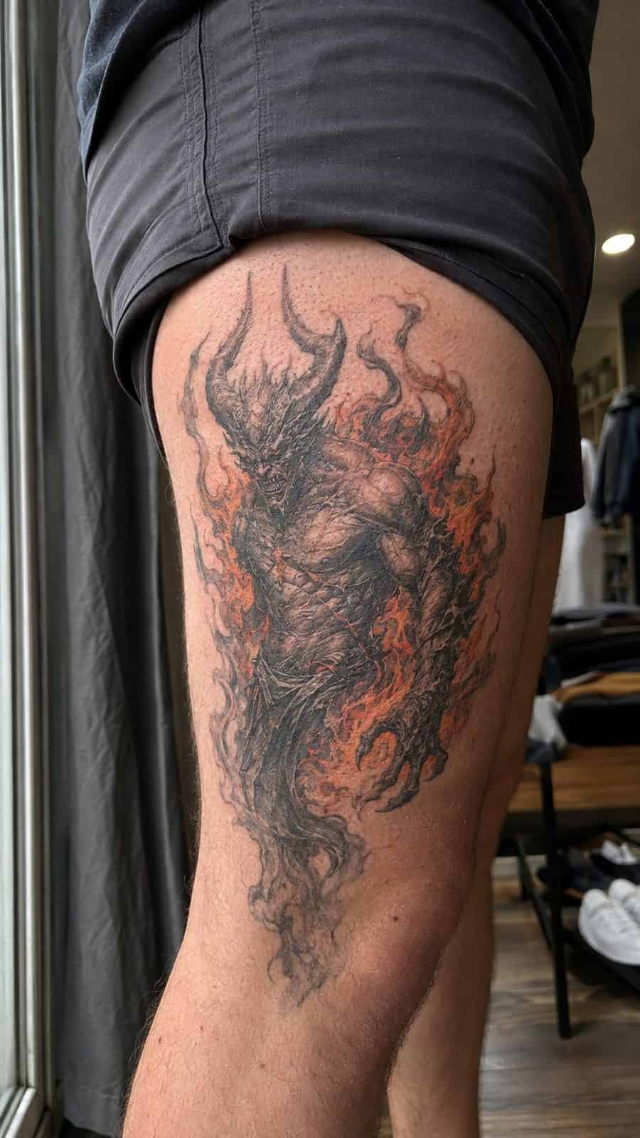 Unleash Your Dark Side: 23 Devilishly Unique Tattoo Ideas for Men 2 Healed fiery horned demon tattoo on a adult man's outer thigh, photographed in a natural waist-height candid close-up — study 1