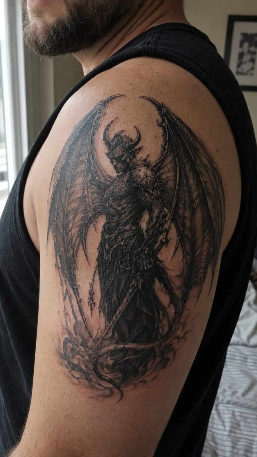 Unleash Your Dark Side: 23 Devilishly Unique Tattoo Ideas for Men 4 Healed gothic devil with wings tattoo on a adult man's shoulder, photographed in a natural straight-on close view, a touch off-center — study 1