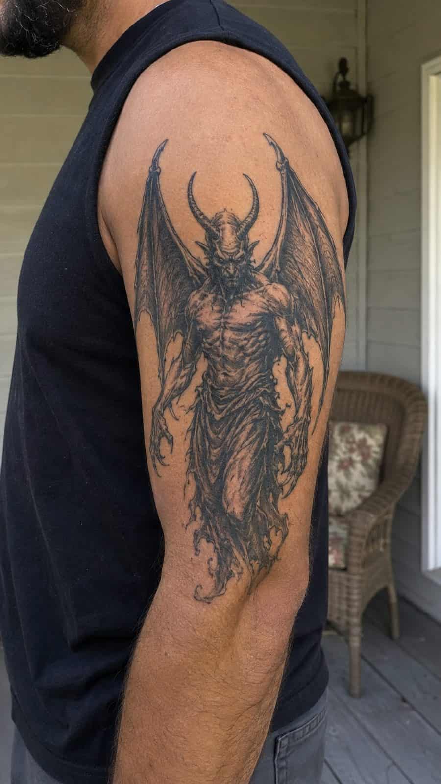 Unleash Your Dark Side: 23 Devilishly Unique Tattoo Ideas for Men 5 Healed gothic devil with wings tattoo on a adult man's outer upper arm, photographed in a natural gentle side angle that clearly shows — study 2