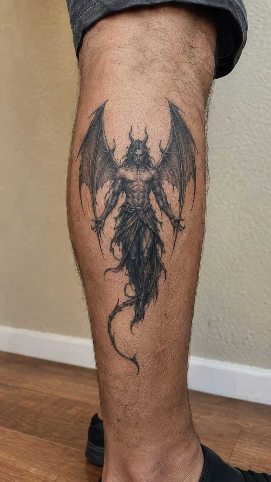 Unleash Your Dark Side: 23 Devilishly Unique Tattoo Ideas for Men 6 Healed gothic devil with wings tattoo on a adult man's outer calf, photographed in a natural slightly elevated close view — study 3