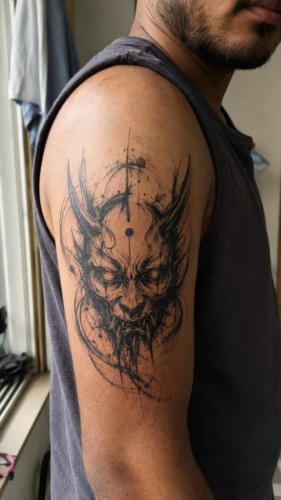 Unleash Your Dark Side: 23 Devilishly Unique Tattoo Ideas for Men 8 Healed abstract demon mask tattoo on a adult man's outer upper arm, photographed in a natural casual close three-quarter view — study 2