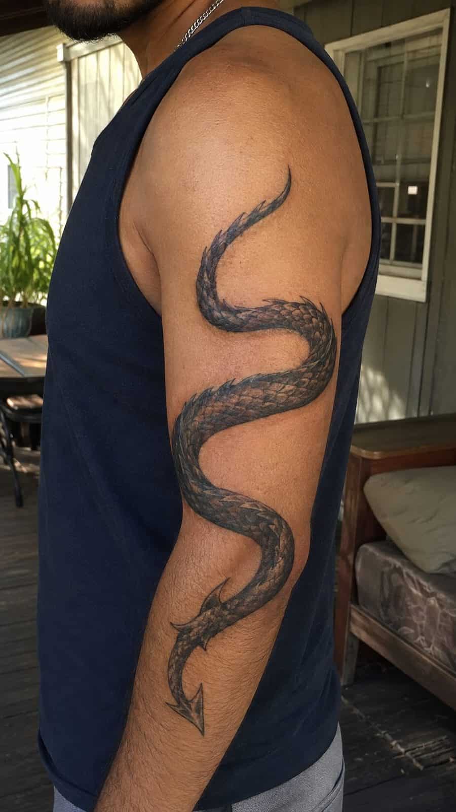 Unleash Your Dark Side: 23 Devilishly Unique Tattoo Ideas for Men 11 Healed serpentine devil tail tattoo on a adult man's outer upper arm, photographed in a natural gentle side angle that clearly shows — study 3