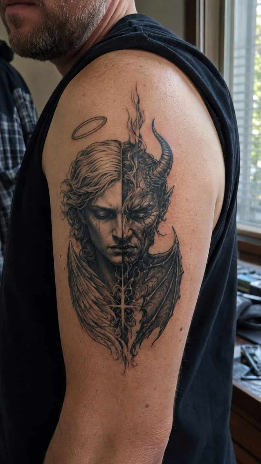 Unleash Your Dark Side: 23 Devilishly Unique Tattoo Ideas for Men 12 Healed duality: angel and devil tattoo on a adult man's outer upper arm, photographed in a natural straight-on close view, a touch — study 1