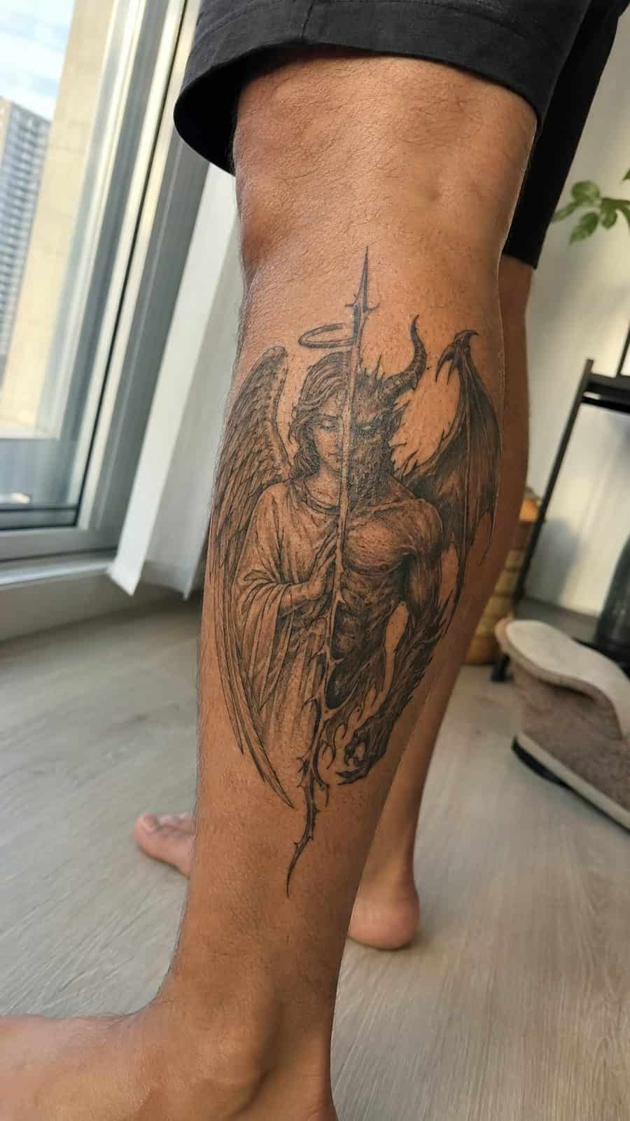 Unleash Your Dark Side: 23 Devilishly Unique Tattoo Ideas for Men 13 Healed duality: angel and devil tattoo on a adult man's outer calf, photographed in a natural gentle side angle that clearly shows how — study 2