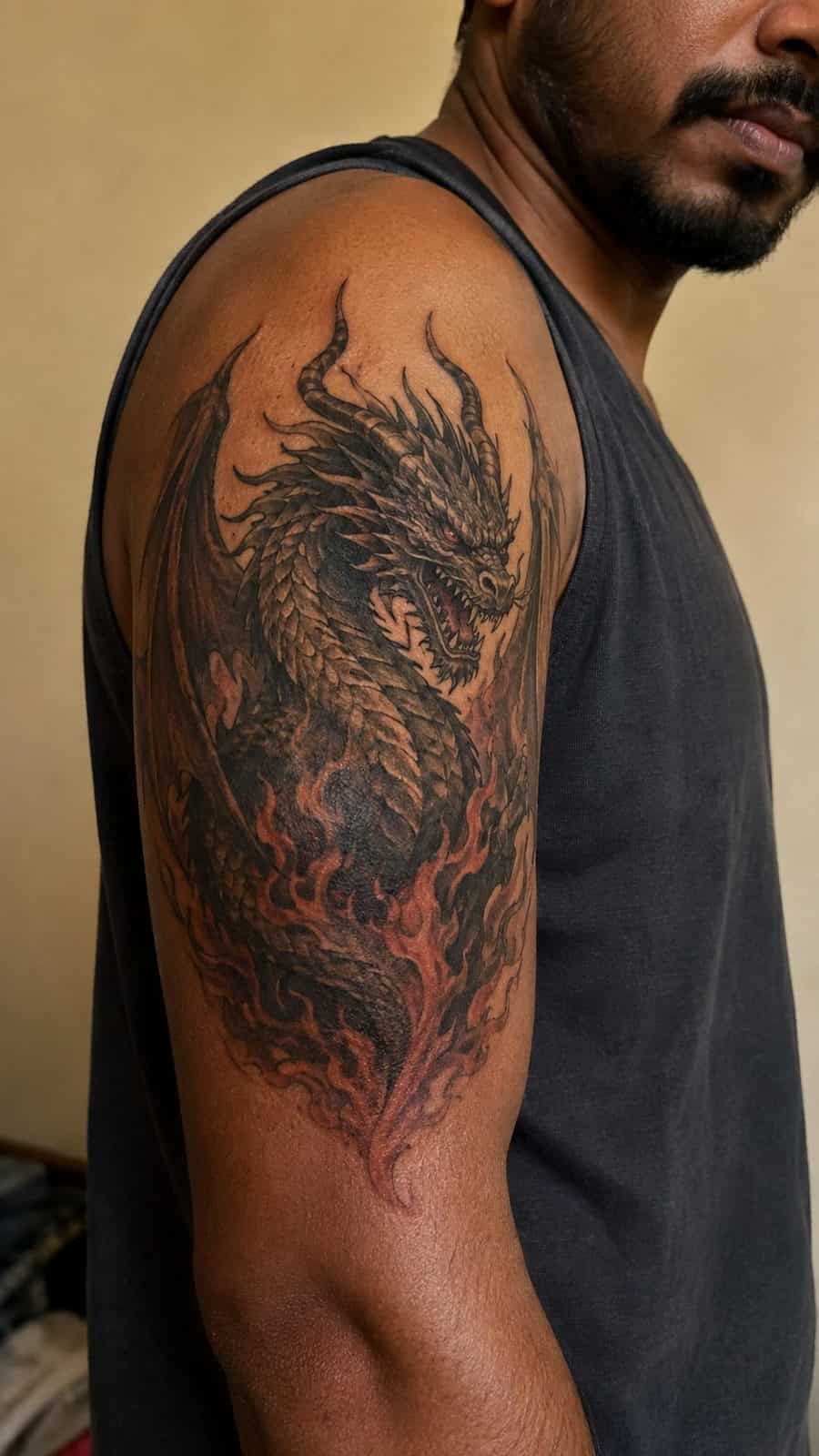 Unleash Your Dark Side: 23 Devilishly Unique Tattoo Ideas for Men 15 Healed infernal dragon tattoo on a adult man's outer upper arm, photographed in a natural casual close three-quarter view — study 2