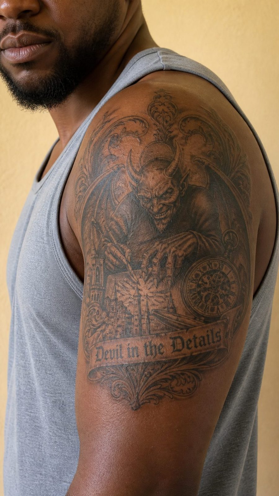 Unleash Your Dark Side: 23 Devilishly Unique Tattoo Ideas for Men 19 Healed devil in the details tattoo on a adult man's shoulder, photographed in a natural slightly elevated close view — study 2