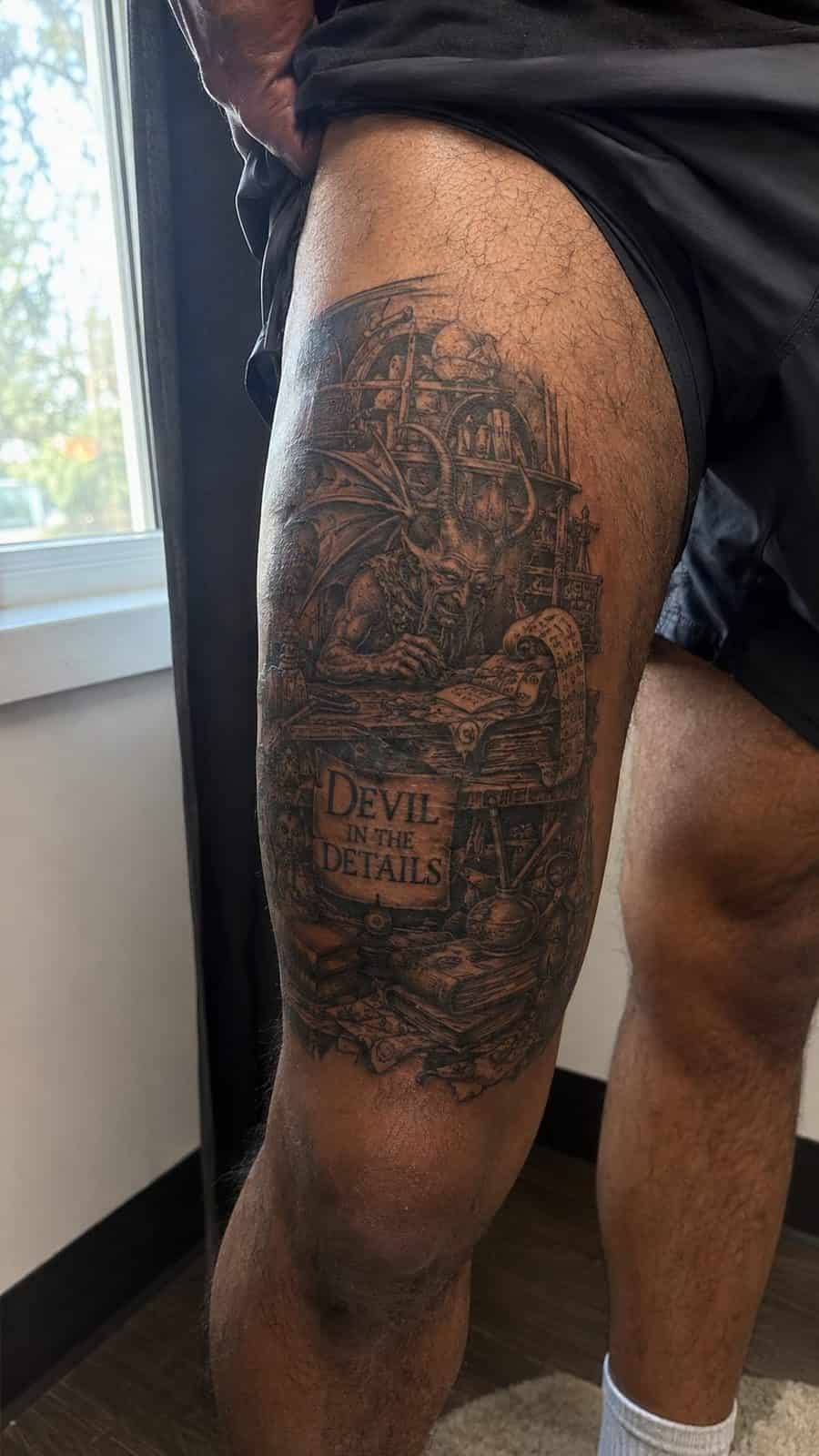 Unleash Your Dark Side: 23 Devilishly Unique Tattoo Ideas for Men 20 Healed devil in the details tattoo on a adult man's outer thigh, photographed in a natural waist-height candid close-up — study 3
